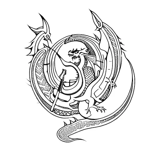 A Minimalist Tattoo Of A Dragon Playing A Guitar Under A Crescent Moon