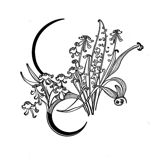 Lily Of The Valley And Violets With A Crescent Moon And A Small Dinosaurs