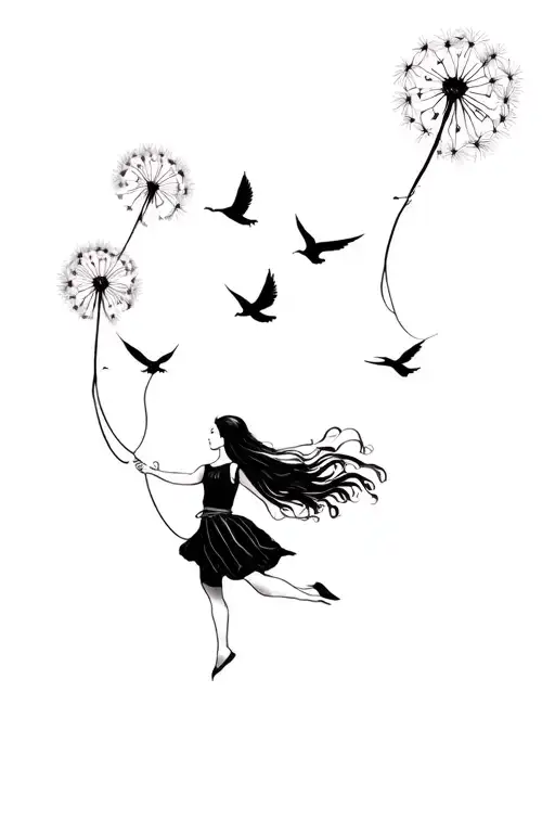 Dandelion Turning Into Birds Flying Away With Girl Swinging On The Birds