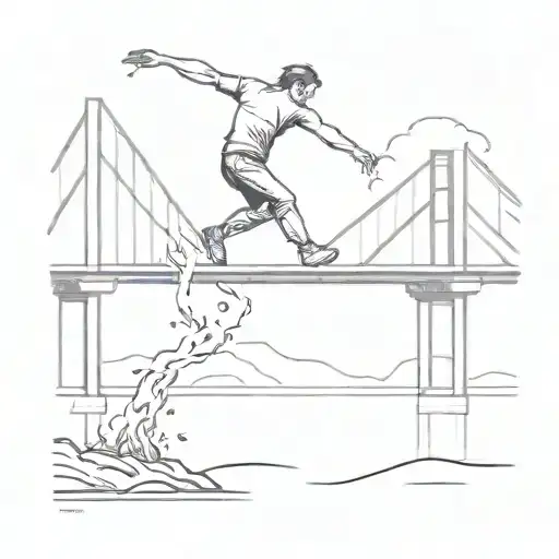 Bridge Burning With Person Jumping Off Into Water