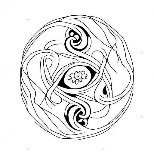 A Ying And Yang Symbol With Cherry Blossom Petals Floating Around It