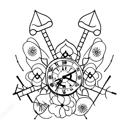 A Clock With Intricate Arrow Designs And Blooming Flowers