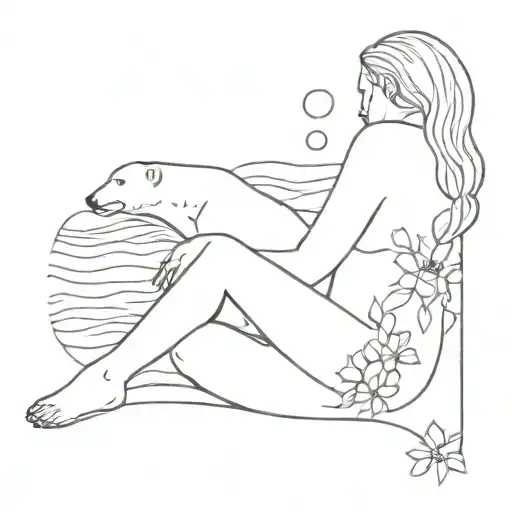 Girl Sitting With Polar Bear Flowers And Waves