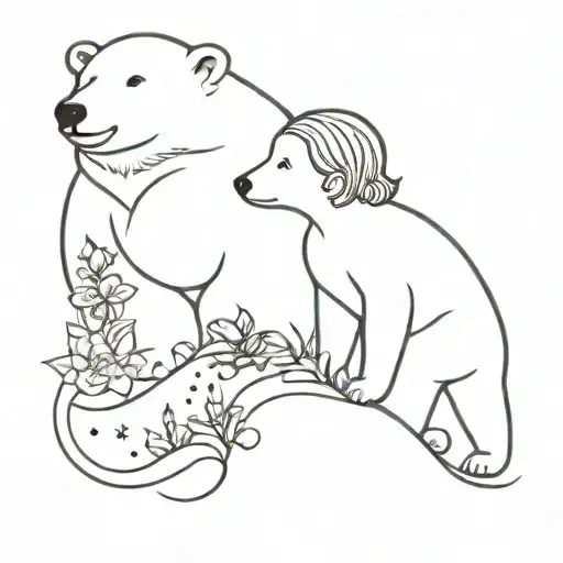 Little Girl With Flowers In Her Hair Playing With Polar Bear Cub And Waves Around Them