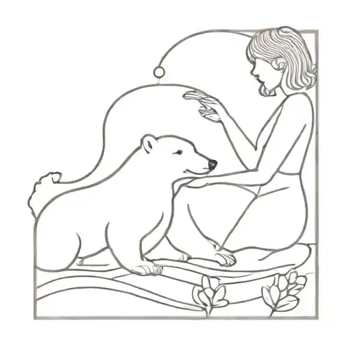 Stick Figure Girl With Flowers In Her Hair Playing With Polar Bear Cub And Waves Around Them