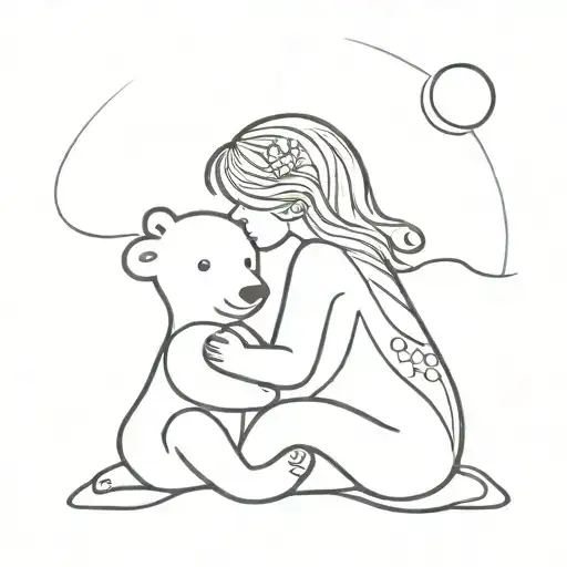 Stick Figure Little Girl With Flowers In Her Hair Sitting With Polar Bear Cub And Waves Around Them