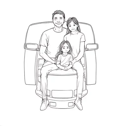 A Man And A Little Girl Sitting In Front Of A Car