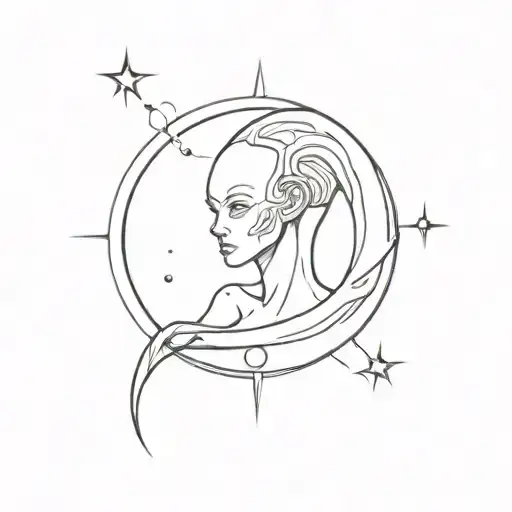 A Black-grey Tattoo Of An Elegant Alien Queen Ruling Over A Star System