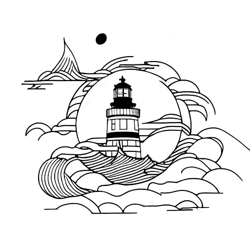 Light House With Moon And Waves Thick Lines