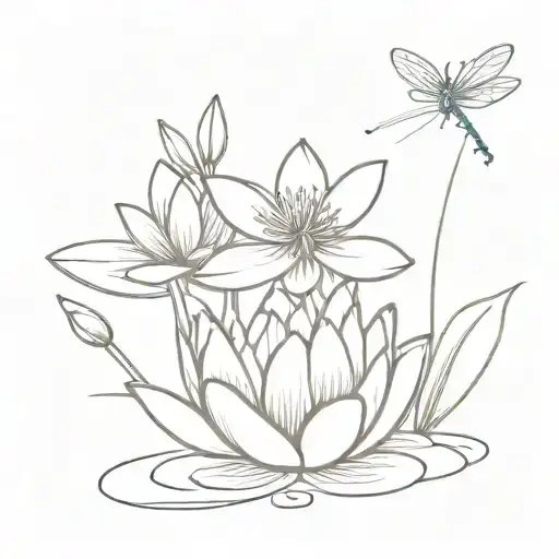 Water Lily And Dragonfly Landing