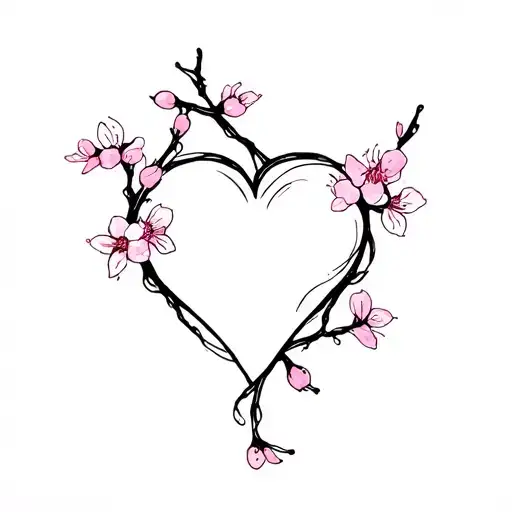 Small Tattoo Featuring Black Heart Combined With A Cherry Blossom Branch Wrapping Around