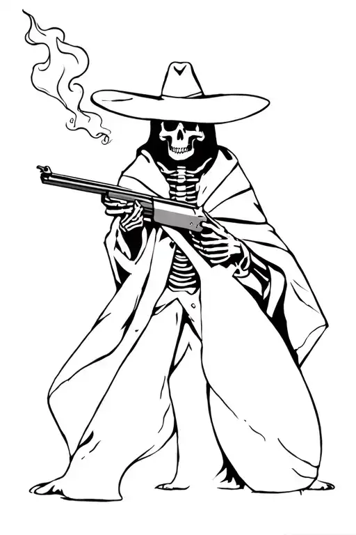 Skeleton Outlaw With Poncho And Smoking Double Barrel Shotgun