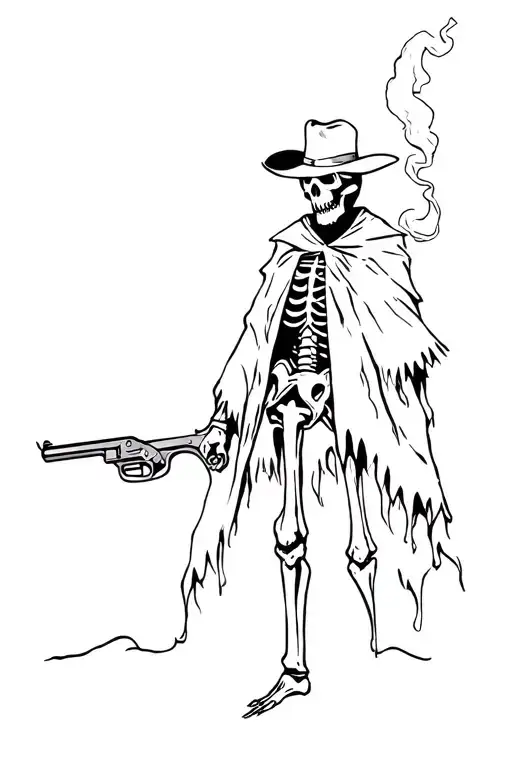 Evil Skeleton Outlaw With Torn Western Poncho And Smoking Double Barrel Side By Side Shotgun