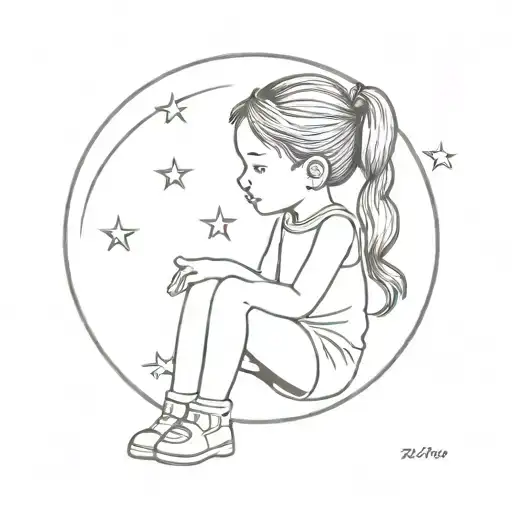 Little Girl With Pigtails Sitting On A Crescent Moon