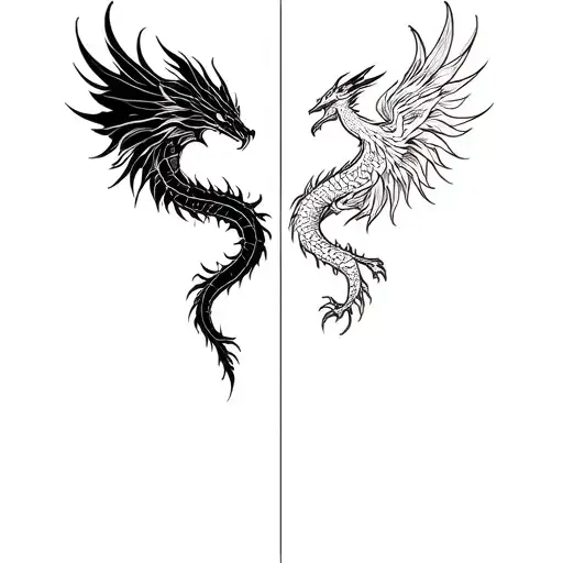 A Dragon And A Phoenix Facing With The Middle A Vertical Line