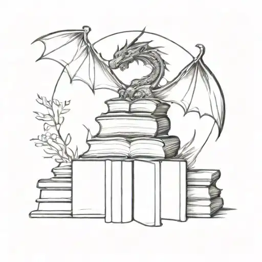 Fine Line Book Stack With Dragon Flying