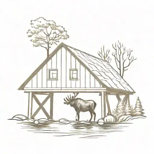 A Covered Bridge With A Moose And A Fish