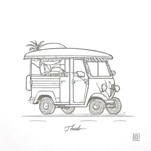Asian Tuk Tuk With Surf Board On Top