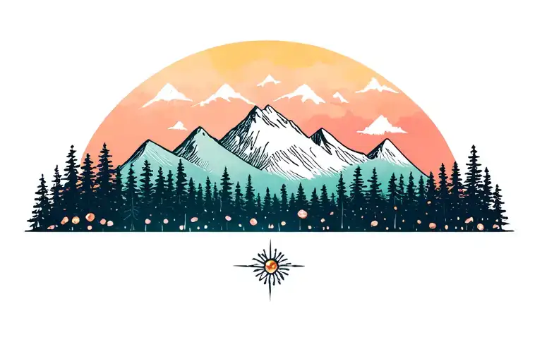 Forest And Mountains With Accent Flowers Intertwined Colors Amythest And Topaz