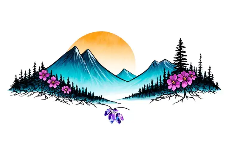 Forest And Mountains With Accent Flowers Intertwined Colors Amythest And Topaz