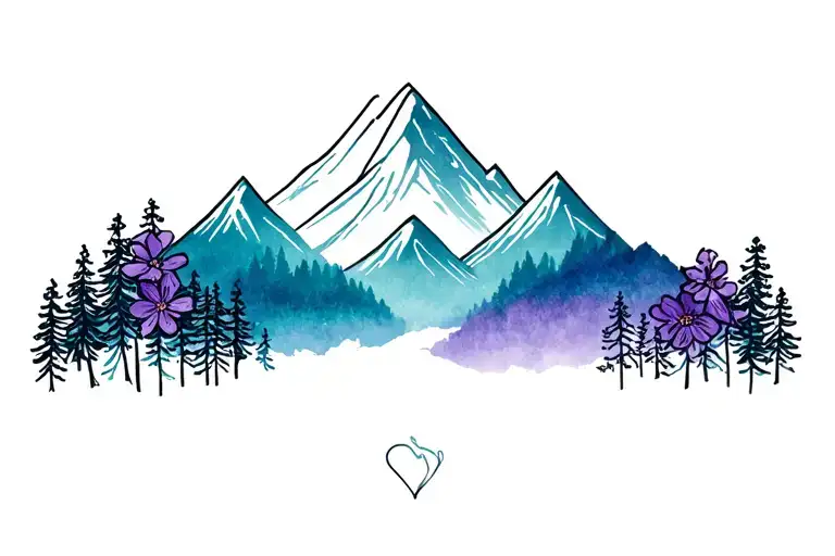 Forest And Mountains Outline With Accent Flowers Intertwined Colors Amythest And Topaz