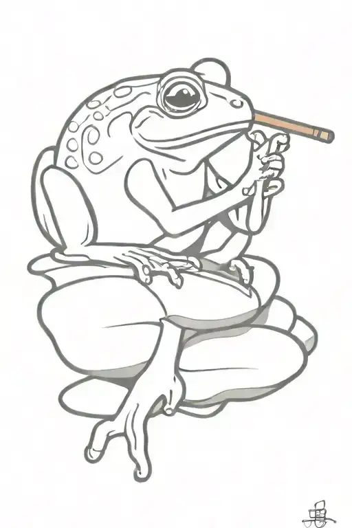 Thoughtful Frog Sitting On A Stone With A Pipe In His Hands