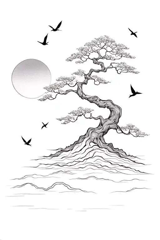 Bonsai Tree Linked With Linework Arrows To A Sun And Flying Birds
