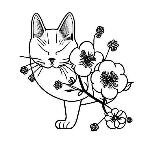 A Minimalist Tattoo Of A Cat Surrounded By Japanese Cherry Blossoms