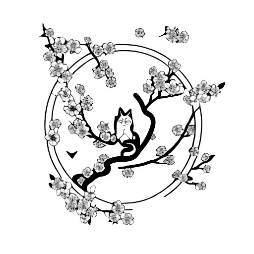 A Cat Surrounded By Cherry Blossom