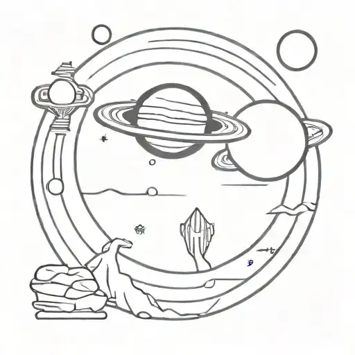 Retro Simple Black And White Tattoo Design Of A Poster Advertising A Vacation To Another Planet