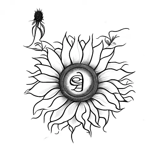 A Black And Grey Sketch Of A Sunflower With The Word 'Abide' Written In Elegant Script As The Stem