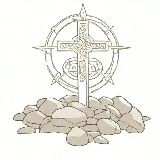 Celtic Cross With Sun Behind It Sitting On A Pile Of Rocks