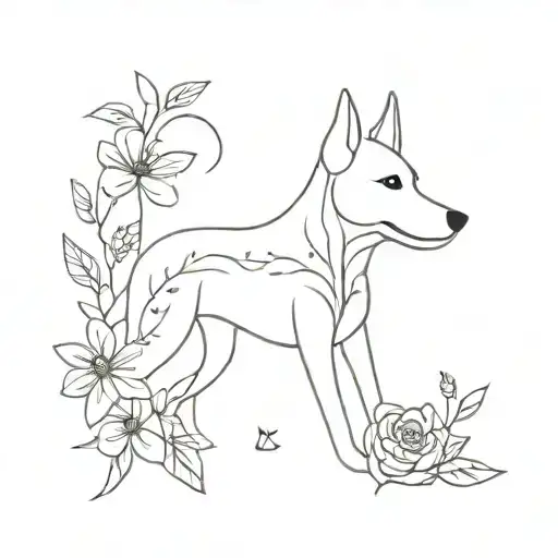 A Minimalist Design Of A Dog Surrounded By Flowers