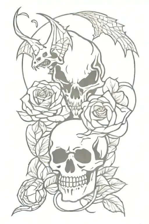 Roses And Skull And Fire Breathing Dragon
