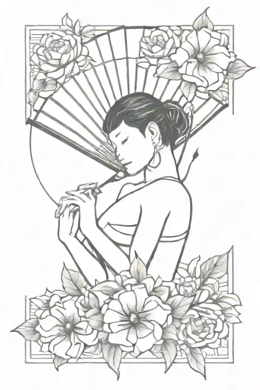 Asian Style Fan Surrounded My Flowers Intertwined