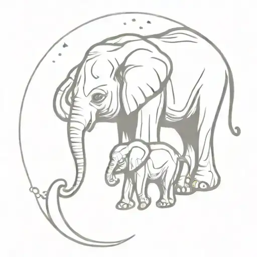 Mommy And Baby Elephant With Moon Surrounded