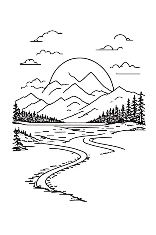 A Winding Road Leading To A Beach Forest Mountain Landscape With A Sunrise