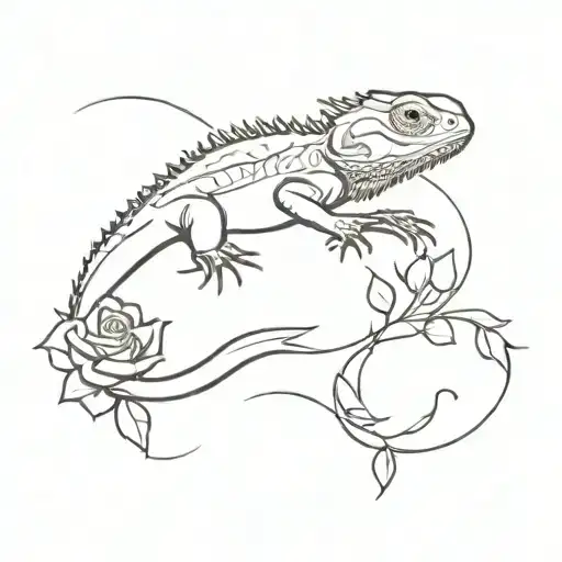 Bearded Dragon And Roses Intertwined