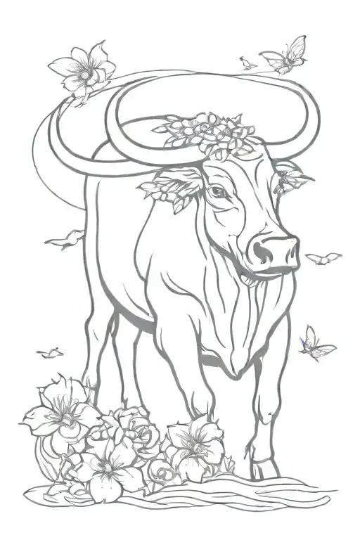Bull With Flowers And The Sea Minimal