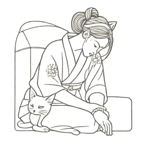 Girl In Kimono With A Cat Playing