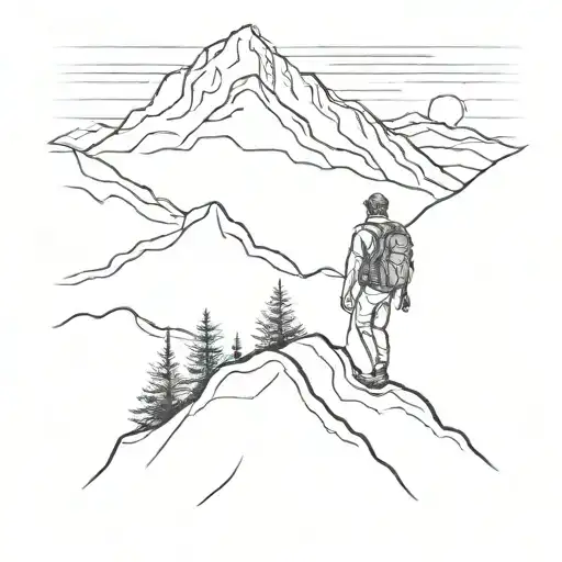 A Minimalist Tattoo Of A Mountain Landscape With A Hiker Silhouette In The Foreground