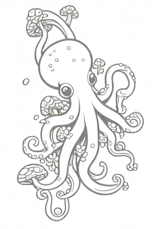 Cartoonish Octopus With Small Mushrooms And Fungi Growing Off Of It