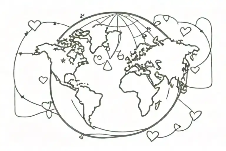 World Globe Outline With Hearts In Las Vegas United States And Glasgow Scotland