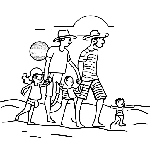 A Silhouette Of A Family Walking On The Beach At Sunrise