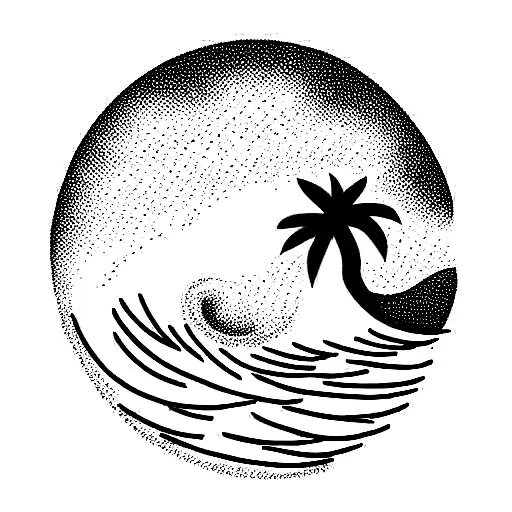 Sunset With A Wave And A Palm Tree