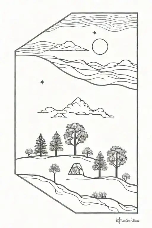 A Landscape With 5 Trees Inside A Losange With Line Work Around That Are From A Meteorite