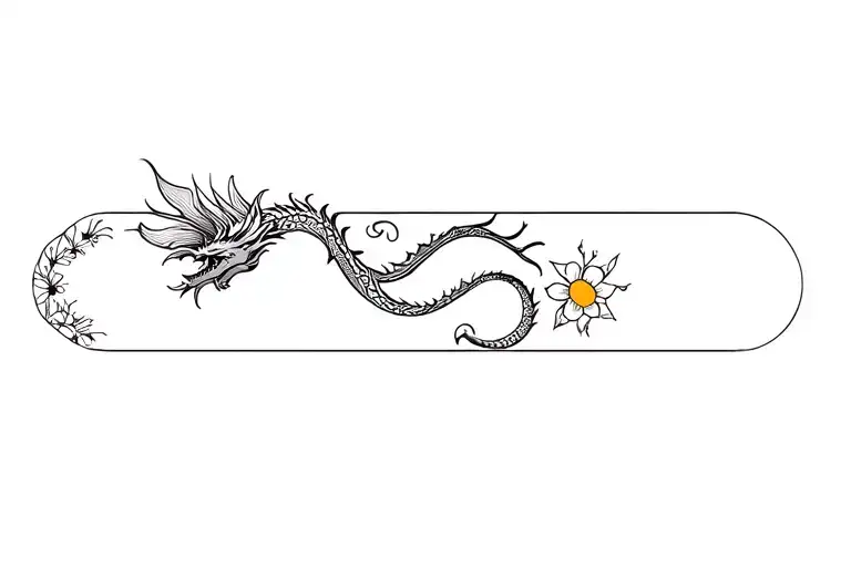 Dragon Flying And Flowers And Sun