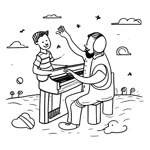 A Sketch Of A Father And Child Playing Piano Together At A Summer Party