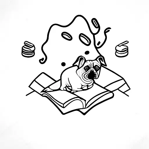 A Minimalist Tattoo Of A Dog Sitting On A Pile Of Books With A Coffee Mug