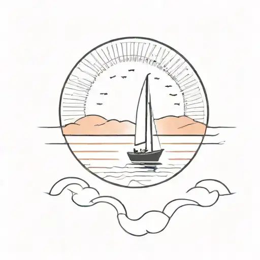 Sunset And Boat Sailing Towards